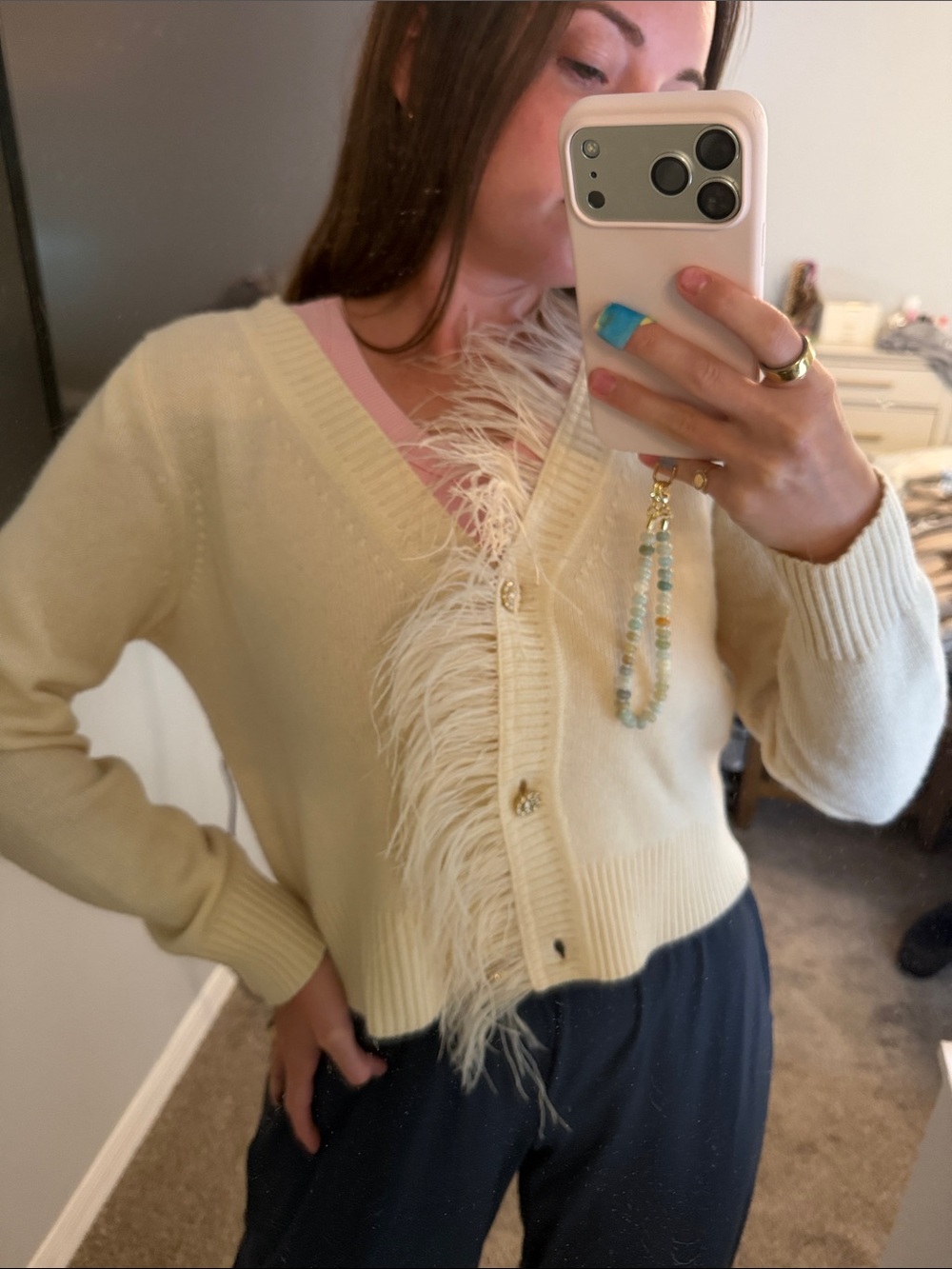 Cream Feather-Trim V-Neck Cardigan Sweater